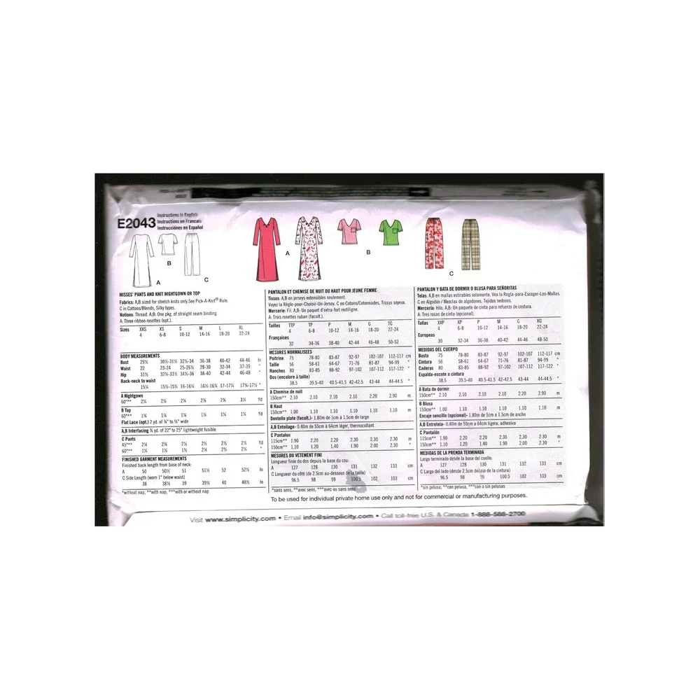 Simplicity E2043 It's So Easy Sewing Pattern Misses Nightgown Top Pants XXS-S